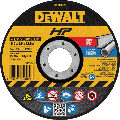 HP Metal Cut-Off Wheel, 4-1/2" x 0.04", 7/8" Arbor, Type 1, Aluminum Oxide, 13300 RPM Cam Industrial