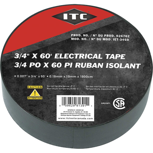 IET-3460 Ruban isolant, Ruban &eacute;lectrique, Rubans isolant, 19 mm (3/4") x 18,28 m (60'), Noir Cam Industrial