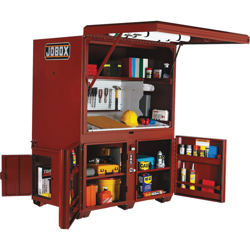 Coffre de chantier et surface de travail sur le terrain, 63" la x 42" p x 80" h, Acier, Rouge Cam Industrial