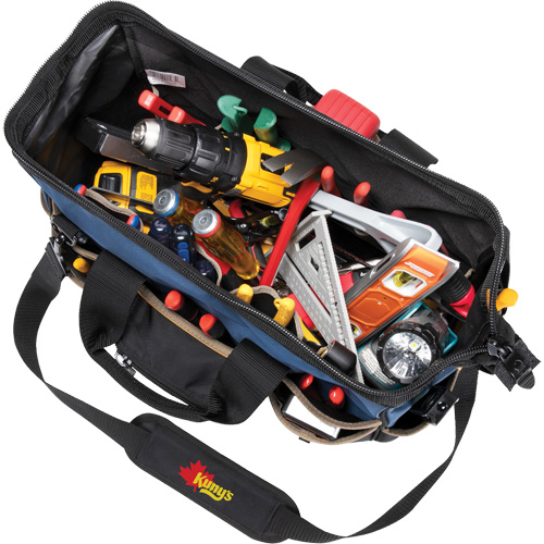 Sac &agrave; outils fourre-tout Big-Mouth &agrave; base moul&eacute;e, Polyester balistique, 23 pochettes, Noir/Bleu Cam Industrial