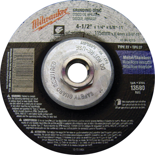 Grinding Wheel, 4-1/2" x 1/4", 5/8"-11 Arbor, Aluminum Oxide, Type 27 Cam Industrial