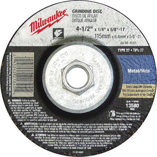 Grinding Wheel, 4-1/2" x 1/8", 5/8"-11 Arbor, Aluminum Oxide, Type 27 Cam Industrial