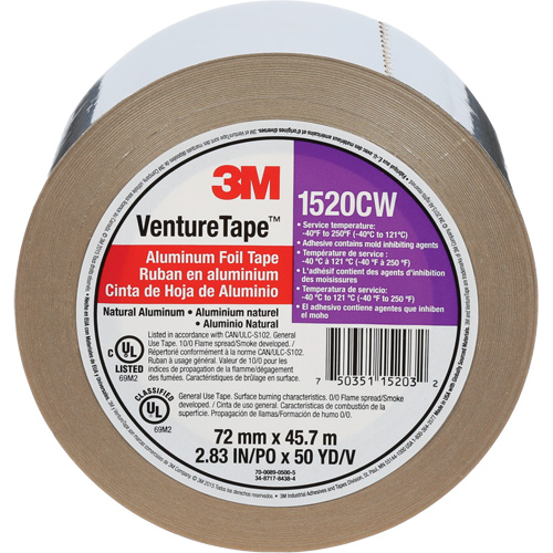 Venture Tape Aluminum Foil Tape, 1.8 mils Thick, 72 mm (3") x 45.7 m (150') Cam Industrial