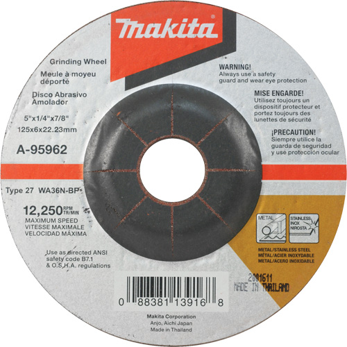 INOX Grinding Wheel, 5" x 1/4", 7/8" Arbor, Aluminum Oxide, Type 27 Cam Industrial