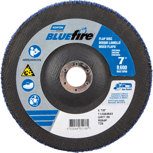 BlueFire R884P Coarse Grit Flap Disc, 7" x 7/8", Type 27, 80 Grit, Zirconia Alumina Cam Industrial
