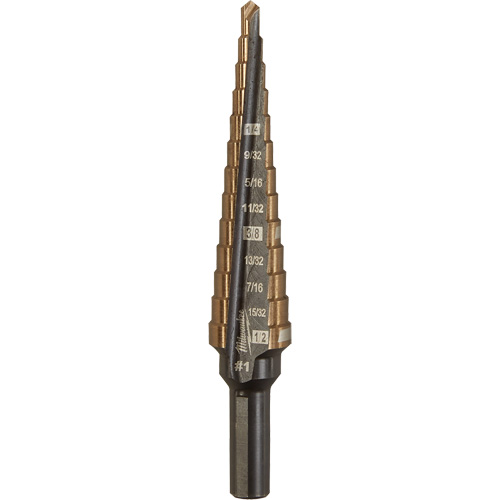 Step Drill Bit, 1/8"/#1 - 1/2"/#1 , 1/32" Increments, High Speed Cobalt Cam Industrial