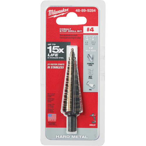 Step Drill Bit, 3/16"/#4 - 7/8"/#4 , 1/32" Increments, High Speed Cobalt Cam Industrial