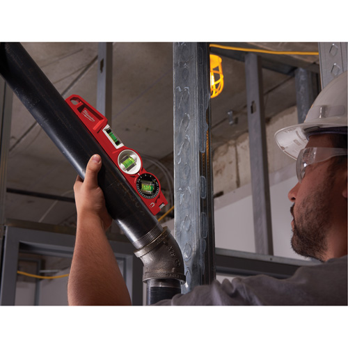 Die Cast Torpedo Level with 360 Degree Locking Vial, 10" L, Aluminum, 3 Vials, Magnetic Cam Industrial