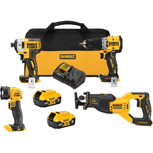 XR&reg; Brushless Cordless 4-Tool Combo Kit, Lithium-Ion, 20 V Cam Industrial
