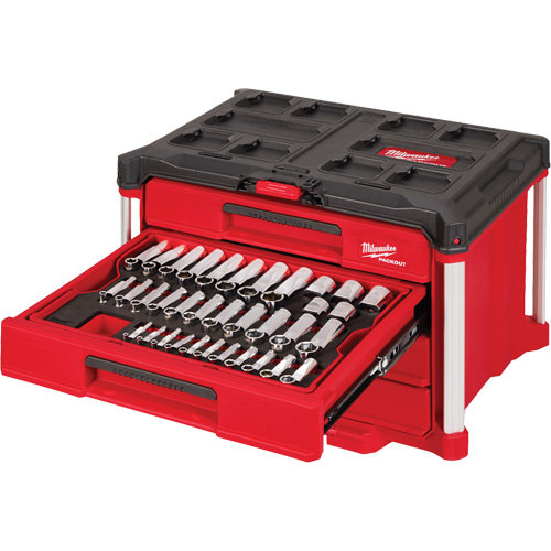 Ensemble de 242 pi&egrave;ces de douilles et cliquets m&eacute;triques et SAE 1/4", 3/8" et 1/2" avec boîte &agrave; outils PACKOUT &agrave; 4 tiroirs, 16-3/10" x 22-1/5" x 14-3/10", Noir/Rouge Cam Industrial