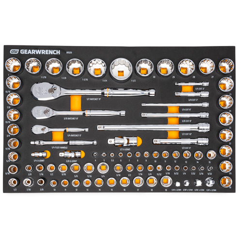 1/4", 3/8" & 1/2" 90-Tooth SAE/Metric Mechanics Tool Set with Foam Storage Tray Cam Industrial