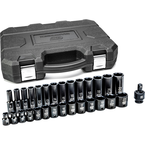 6-Point Metric Socket Set, 29 Pcs, Impact, 3/8" Drive Size, Deep Cam Industrial
