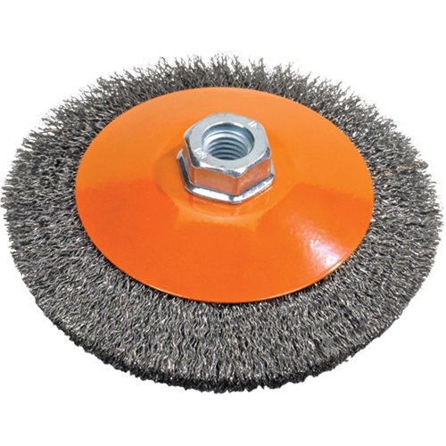 Saucer Cup Brush With Knot-Twisted Wires, 5" Dia., 0.02" Fill, 5/8"-11 Arbor, Steel Cam Industrial