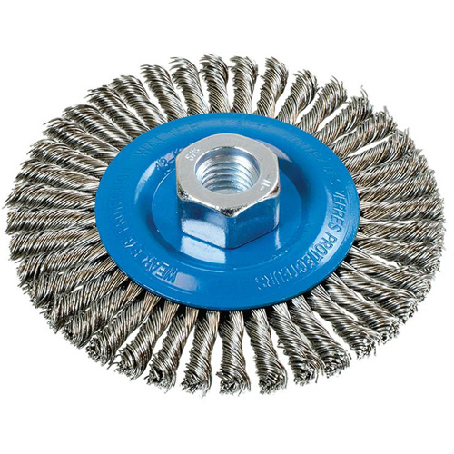 Brosse &agrave; fils nou&eacute;s pour cordons de soudure, Dia. 4-1/2", Fils 0,02", Arbre 5/8"-11, Aluminium/Acier inoxydable Cam Industrial