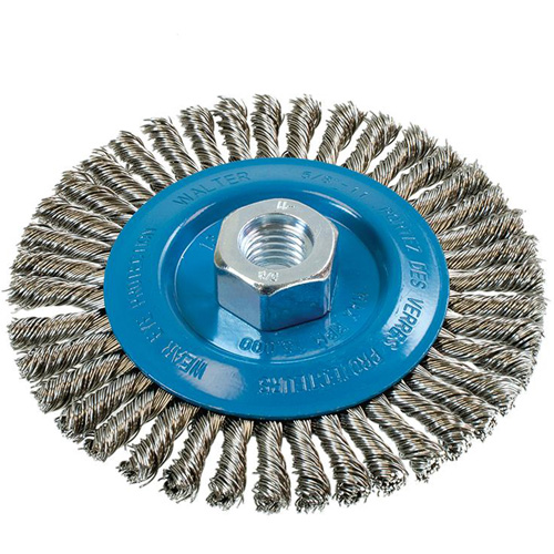Brosse &agrave; fils &eacute;troits nou&eacute;s et torsad&eacute;s, Dia. 5", Fils 0,02", Arbre 5/8"-11, Aluminium/Acier inoxydable Cam Industrial