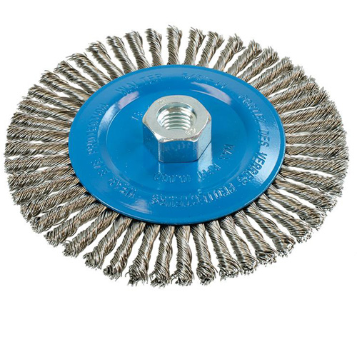 Brosse &agrave; fils &eacute;troits nou&eacute;s et torsad&eacute;s, Dia. 6", Fils 0,02", Arbre 5/8"-11, Aluminium/Acier inoxydable Cam Industrial