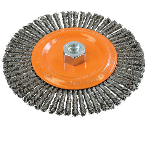 Brosse &agrave; fils nou&eacute;s pour cordons de soudure, Dia. 6-7/8'', Fils 0,02", Arbre 5/8"-11, Acier Cam Industrial