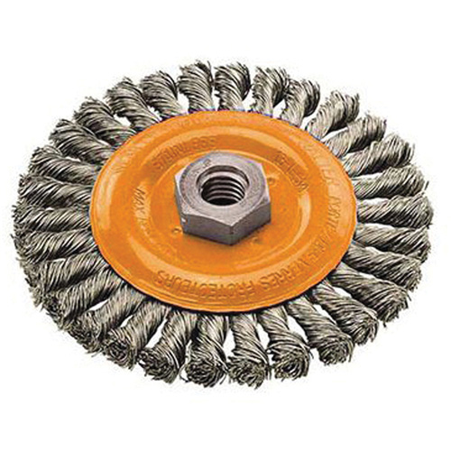 Wide Knotted Wire Wheel Brush, 4" Dia., 0.02" Fill, 5/8"-11 Arbor, Steel Cam Industrial
