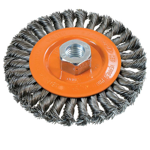 Brosse rotative &agrave; fils nou&eacute;s large, Dia. 5", Fils 0,02", Arbre 5/8"-11, Acier Cam Industrial