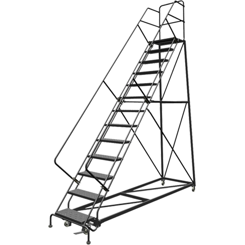 Safety Slope Rolling Ladder, 13 Steps, Perforated, 50° Incline, 130" High Cam Industrial