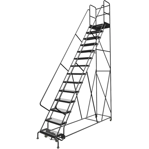 Deep Top Step Rolling Ladder, 14 Steps, 24" Step Width, 140" Platform Height, Steel Cam Industrial