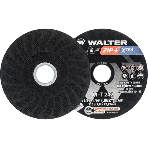 Zip+ Right Angle Grinder Reinforced Cut-Off Wheels, 4-1/2" x 1/16", 7/8" Arbor, Type 1, Zirconia Alumina, 13300 RPM Cam Industrial