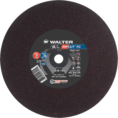 Meule &agrave; tronçonner Ripcut II pour la coupe de l'acier inoxydable et l'acier sur scies fixes, 14" x 1/8", Arbre de 1", Type 1, Oxyde d'aluminium, 4400 Tr/min Cam Industrial
