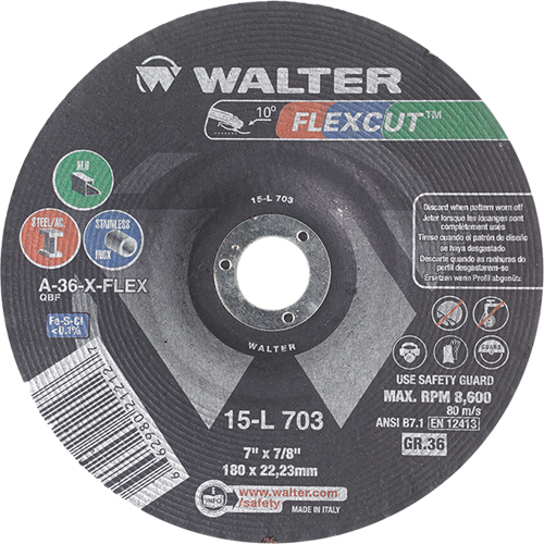 Flexcut Depressed Centre Grinding Wheels, 7", 36 Grit, Aluminum Oxide, 7/8", 8600 RPM, Type 29 Cam Industrial