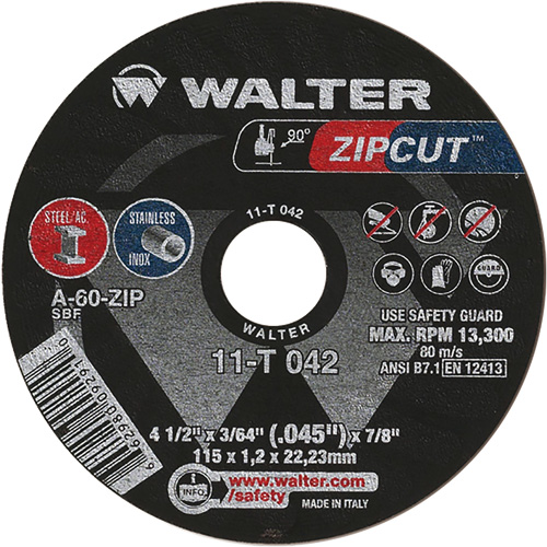 Zipcut Cut-Off Wheel, 4-1/2" x 3/64", 7/8" Arbor, Type 1, Aluminum Oxide, 13300 RPM Cam Industrial