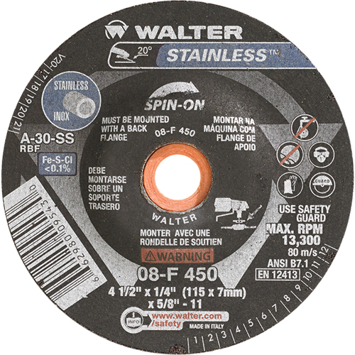 Depressed Centre Grinding Wheels - Stainless Type 27, 4-1/2" x 1/4", 5/8"-11 Arbor, Type 27S Cam Industrial