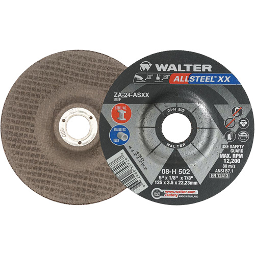 Depressed Centre Grinding Wheels - Allsteel XX, 5" x 1/8", 7/8" Arbor, Type 27, Zirconia Alumina, 12200 RPM Cam Industrial