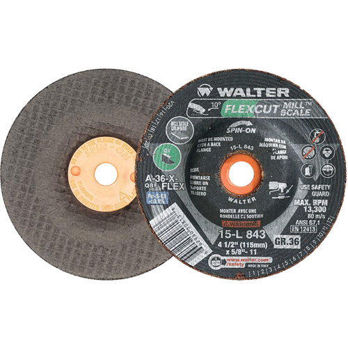 Meule FLEXCUT MILL SCALE, 4-1/2", 36 Grain, Oxyde d'aluminium, 5/8"-11, 13 300 Tr/min, Type 29 Cam Industrial