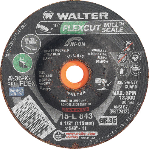 Meule FLEXCUT MILL SCALE, 4-1/2", 36 Grain, Oxyde d'aluminium, 5/8"-11, 13 300 Tr/min, Type 29 Cam Industrial