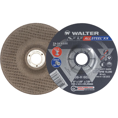 Depressed Centre Grinding Wheels - Allsteel XX, 6" x 1/8", 7/8" Arbor, Type 27, Zirconia Alumina, 10200 RPM Cam Industrial