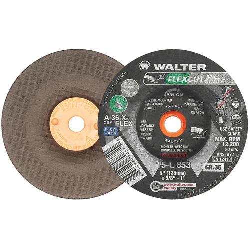 FLEXCUT MILL SCALE Grinding Wheel, 5", 36 Grit, Aluminum Oxide, 5/8"-11, 12200 RPM, Type 29 Cam Industrial