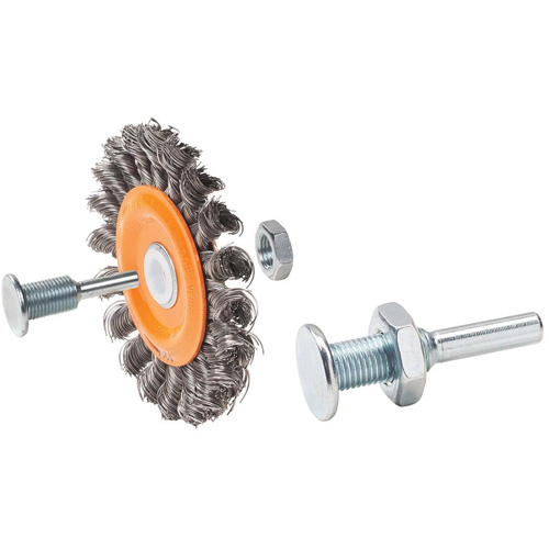 Brosse rotative mont&eacute;e &agrave; fils nou&eacute;s torsad&eacute;s r&eacute;versible, Dia. 4", Fils 0,0118", Arbre 5/8", Acier Cam Industrial