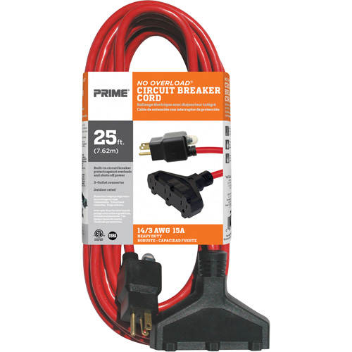 Vinyl Extension Cord, Outdoor, SJTW, 14/3 AWG, 15 A, 3 Outlet(s), 25' Cam Industrial