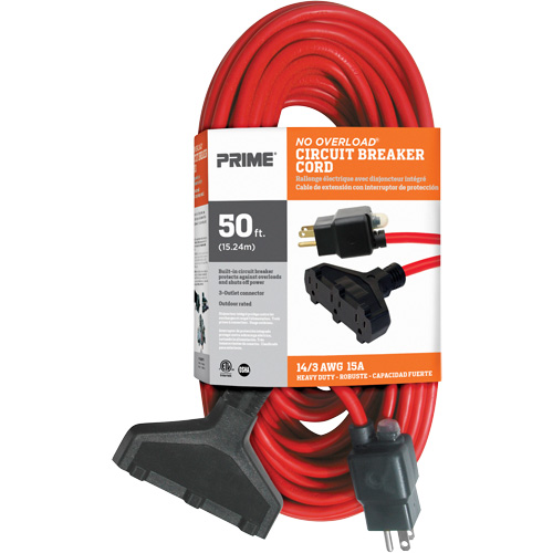 Vinyl Extension Cord, Outdoor, SJTW, 14/3 AWG, 15 A, 3 Outlet(s), 50' Cam Industrial