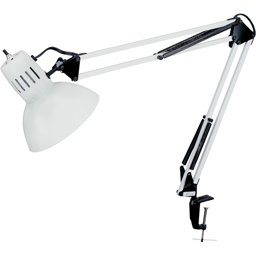 Swing Arm Clamp-On Desk Lamps, 100 W, Incandescent, C-Clamp, 36" Neck, White Cam Industrial