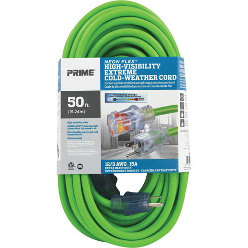 Neon Flex&reg; High Visibility Extension Cord, Outdoor, SJTW, 12/3 AWG, 15 A, 50' Cam Industrial