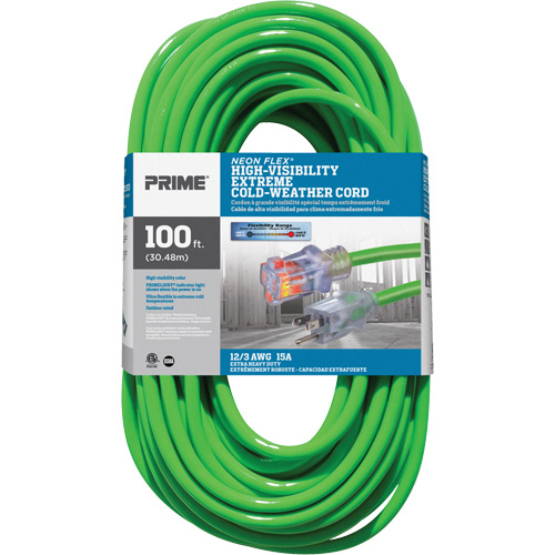 Neon Flex&reg; High Visibility Extension Cord, Outdoor, SJTW, 12/3 AWG, 15 A, 100' Cam Industrial