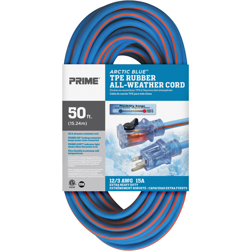Cordon rallonge verrouillable toute saison en caoutchouc TPE Arctic Blue, Toutes saisons, SJEOW, AWG 12/3, 15 A, 50' Cam Industrial