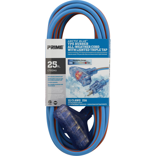 Cordons rallonges en caoutchouc TPE Arctic Blue, Toutes saisons, SJEOW, AWG 12/3, 15 A, 3 prise(s), 25' Cam Industrial