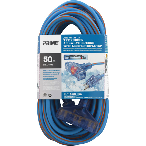 Cordons rallonges en caoutchouc TPE Arctic Blue, Toutes saisons, SJEOW, AWG 12/3, 15 A, 3 prise(s), 50' Cam Industrial