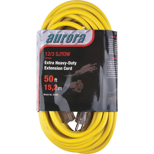 Vinyl Extension Cord with Light Indicator, Outdoor, SJTOW, 12/3 AWG, 15 A, 50' Cam Industrial