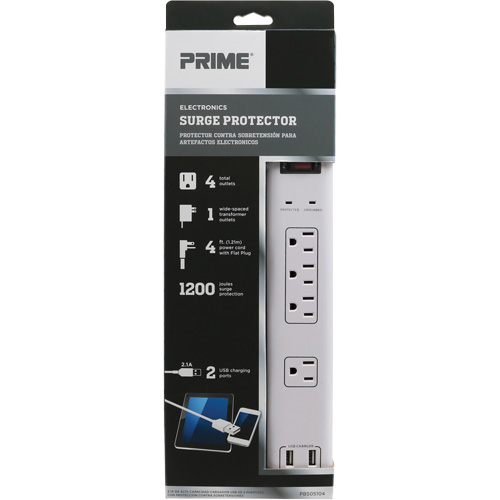 USB Charging Surge Protectors, 4 Outlets, 1200 J, 1875 W, 4' Cord Cam Industrial