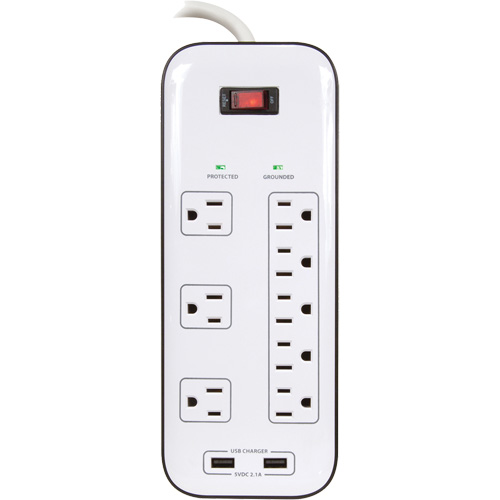 Limiteurs de surtension avec chargeur USB, 8 Prises, 2400 J, 1875 W, Cordon 6' Cam Industrial