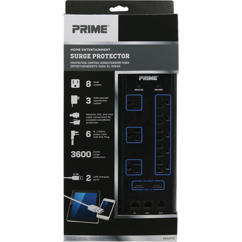 Limiteurs de surtension avec chargeur USB, 8 Prises, 3600 J, 1875 W, Cordon 6' Cam Industrial