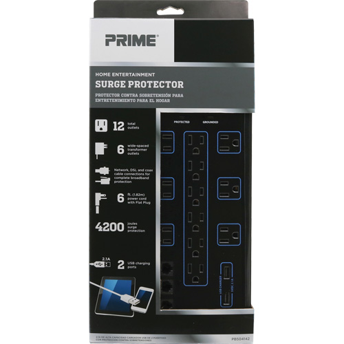 Limiteurs de surtension avec chargeur USB, 12 Prises, 4200 J, 1875 W, Cordon 6' Cam Industrial