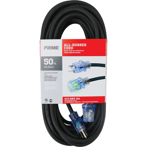 All-Rubber Extension Cord, Outdoor, SJOOW, 12/3 AWG, 15 A, 50' Cam Industrial
